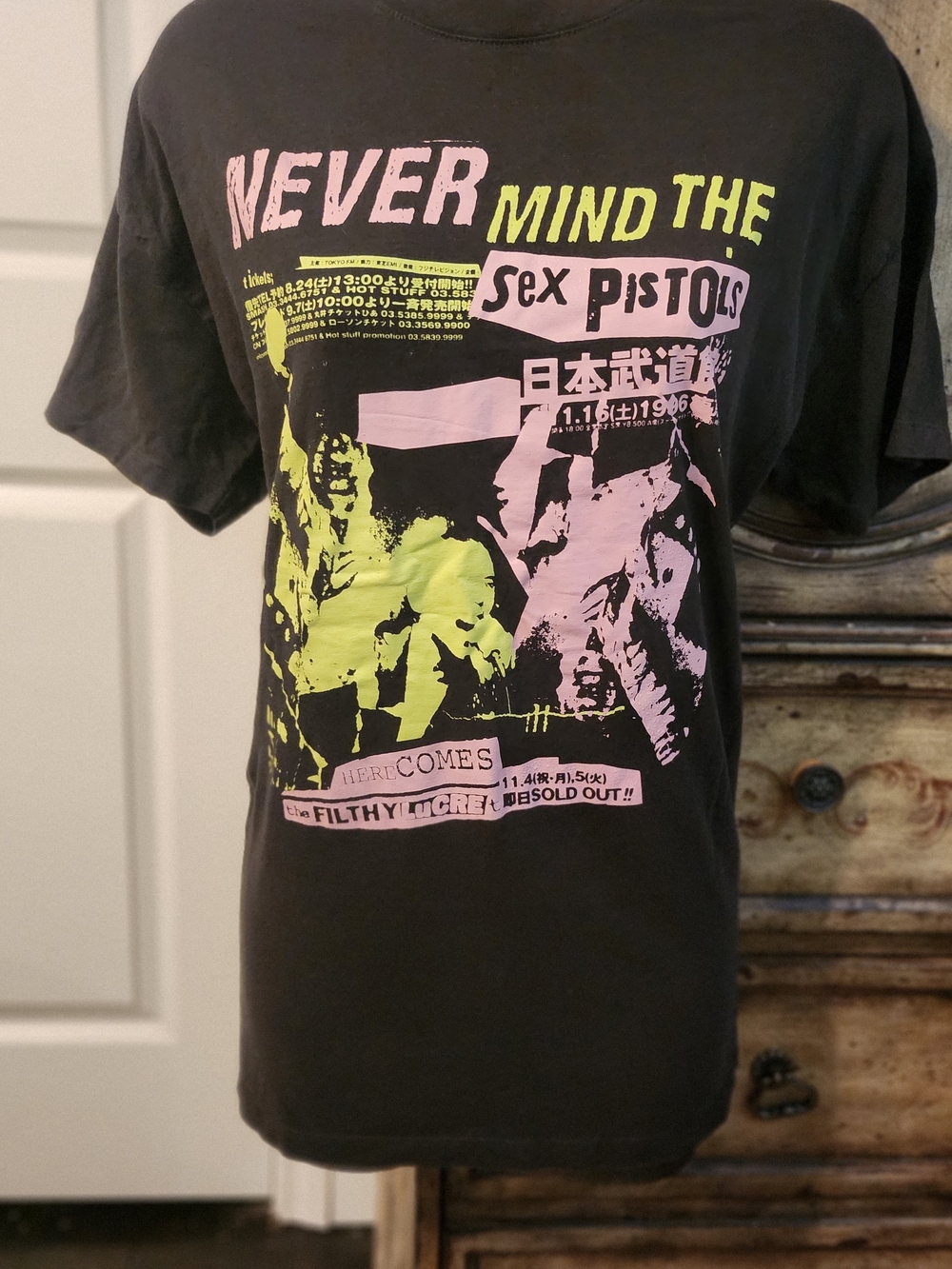 Never Mind The Sex Pistols  Graphic Band Tee - Charcoal Black with Pink & Lime M